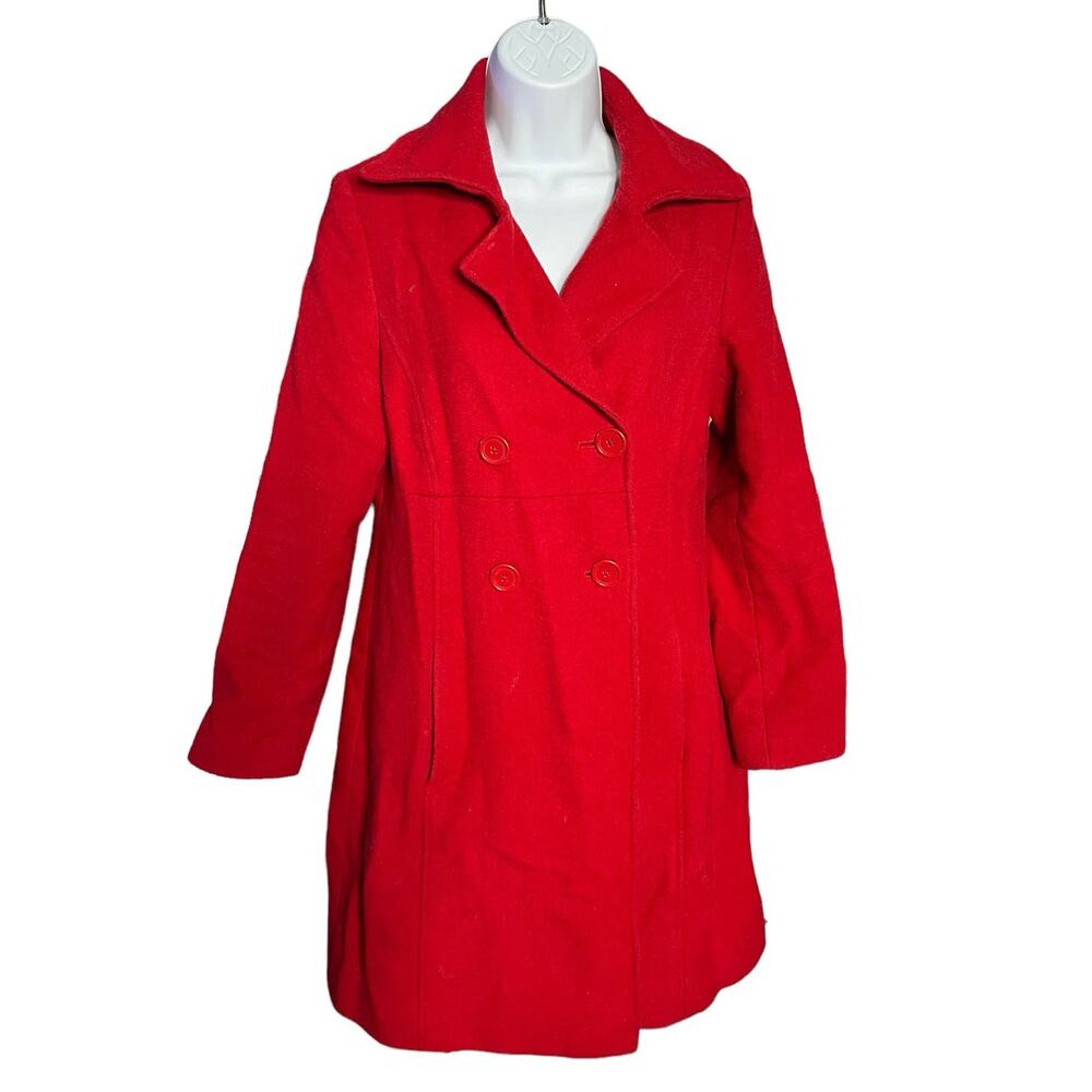 Old Navy crimson red wool double breasted collared long peacoat jacket Small